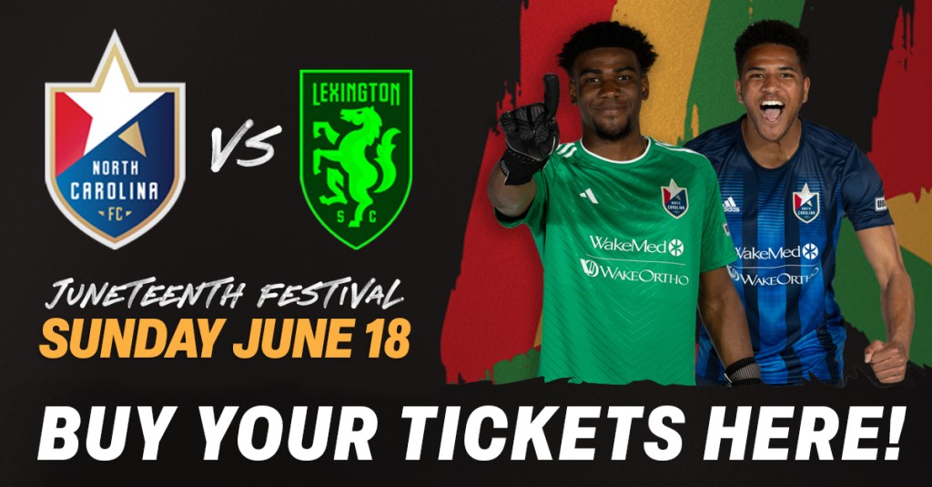 Nick Holliday and DJ Benton on a Juneteenth themed graphic promoting the North Carolina FC vs Lexington SC soccer match on June 18