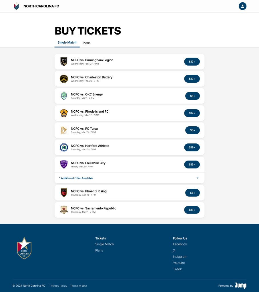 Web "Buy Tickets" on North Carolina FC's new ticketing platform.
